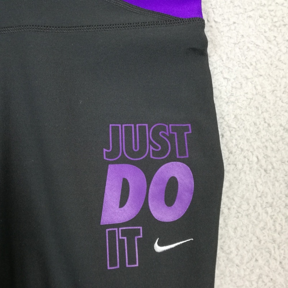 Nike Womens Pants Leggings Capri Black Purple "Just Do It" Running Pull On M - Picture 9 of 12